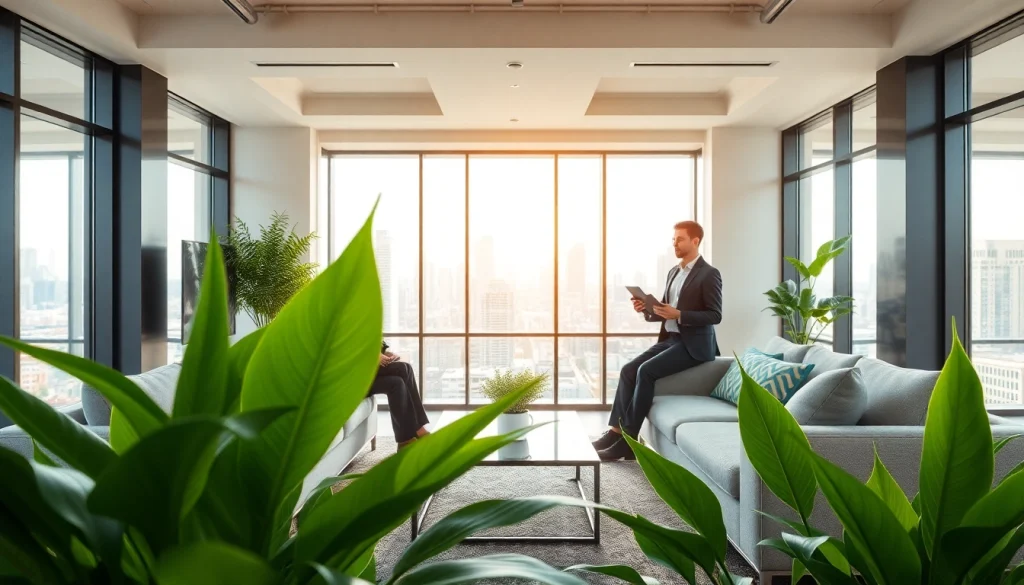 Engaging real estate agent showcases available properties in a welcoming office environment.