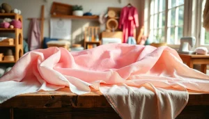 Mousseline stof met kleurige stalen op een houten tafel in een licht atelier.
