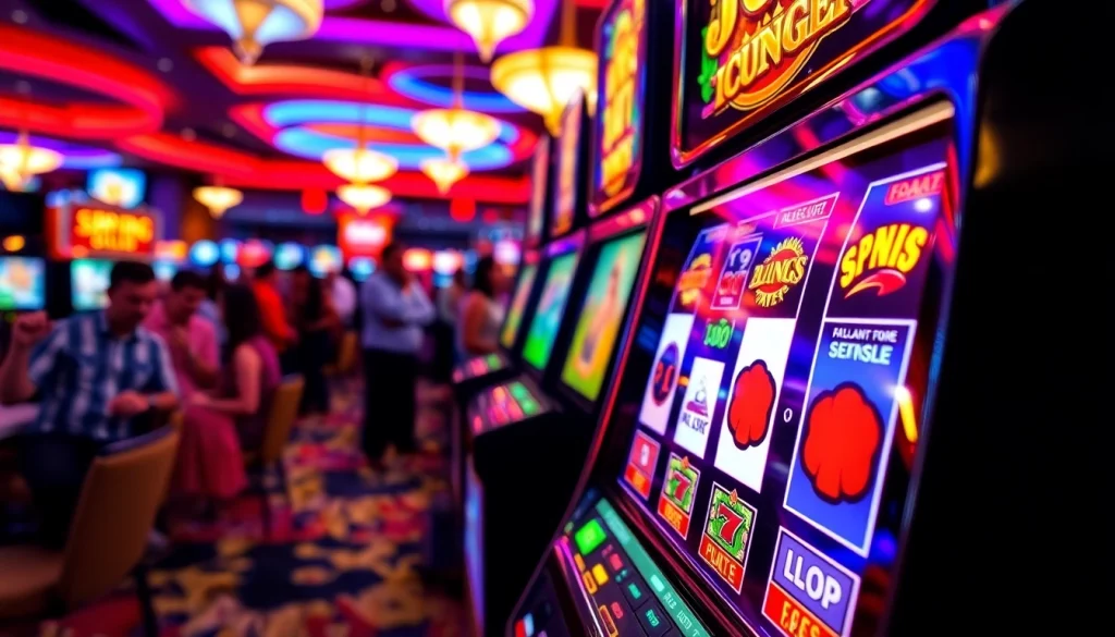 Slot mesin yang berputar dengan simbol warna-warni di latar kasino yang ramai.