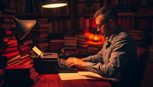 Thriller author passionately writing at a vintage typewriter surrounded by books.