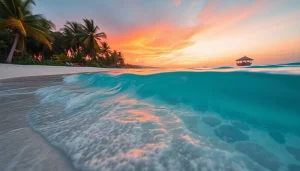 Pôr do sol deslumbrante sobre a praia de Paripueira, Alagoas, com palmeiras e águas cristalinas.