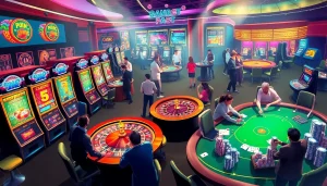 Exciting casino scene featuring KJC AC 3 with players at poker tables, vibrant slot machines, and roulette wheels, showcasing the thrill of online gambling.