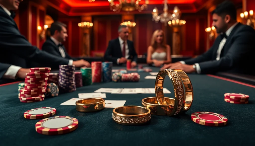 Players engage in a spirited game while showcasing 結婚 對 戒 rings on a lavish casino table.