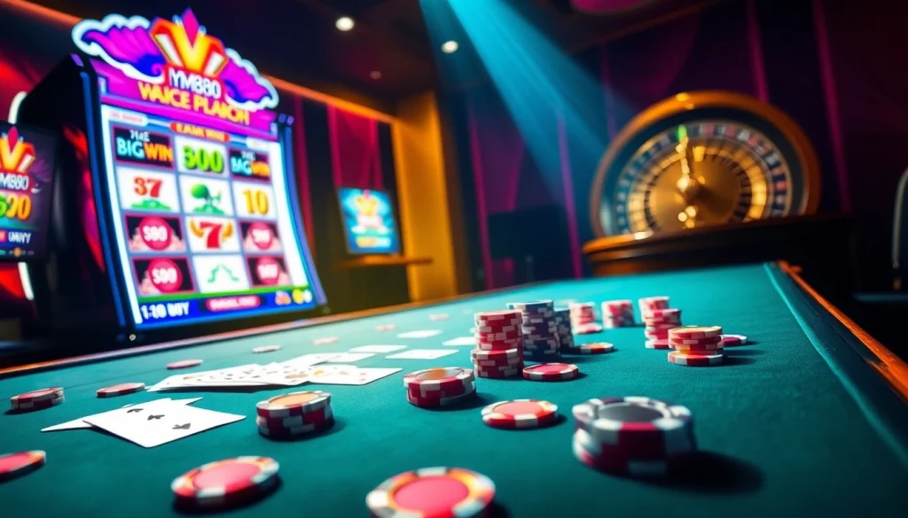 Experience the excitement of Trang Chủ MM88 with vibrant casino elements showcasing poker, slots, and roulette.