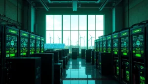 Visual representation of a crypto mining site emphasizing renewable energy and advanced technology.