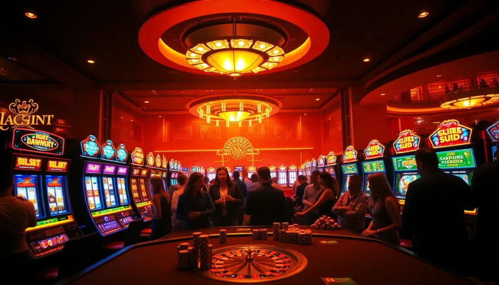 Engaging slot community members enjoying games with vibrant machines and chips.