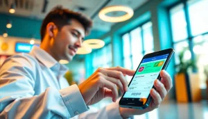 상품권소액결제: 활기차고 기술 친화적인 환경에서 스마트폰으로 상품권에 대한 디지털 결제를 하는 사람.