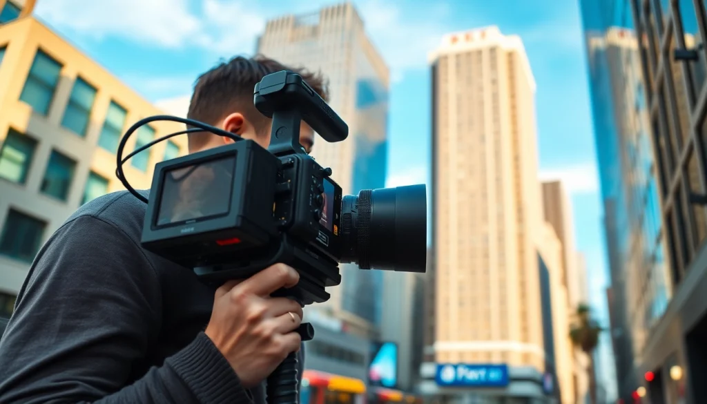 Videographer capturing dynamic footage in a vibrant urban scene.