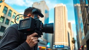Videographer capturing dynamic footage in a vibrant urban scene.