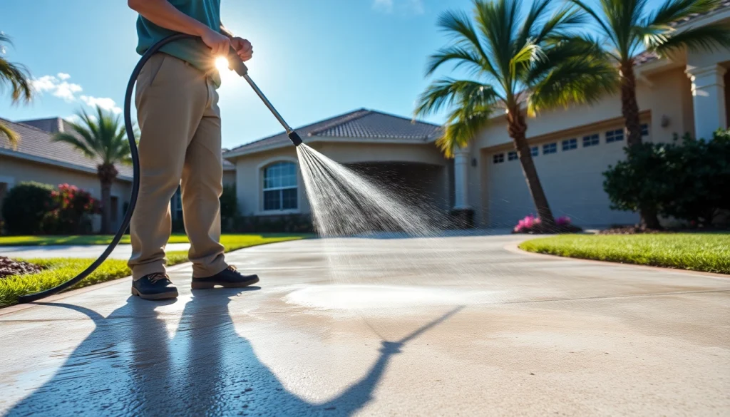 Professional pressure wash service removing dirt from a driveway in Kissimmee, FL.