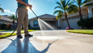 Professional pressure wash service removing dirt from a driveway in Kissimmee, FL.