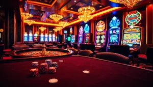 Engaging casino experience at Trang chủ MM88 featuring vibrant slot machines and a roulette wheel.