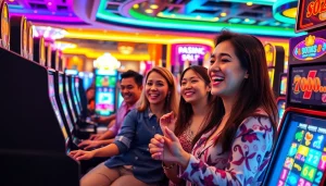 Players enjoying slot bet kecil at a vibrant casino, featuring bright slot machines and joyful interaction.