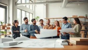 Builders collaborating professionally on plans in a well-lit office, representing Texas association of builders.