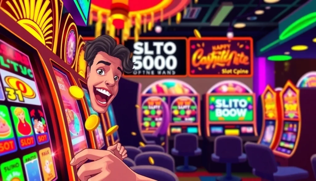 Mainkan slot depo 1000 dengan suasana kasino online yang ramai dan penuh warna.