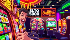 Mainkan slot depo 1000 dengan suasana kasino online yang ramai dan penuh warna.
