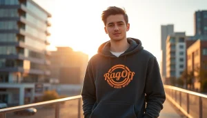 Stylish model in a RageOff Charcoal hoodie, showcasing urban fashion and lifestyle.
