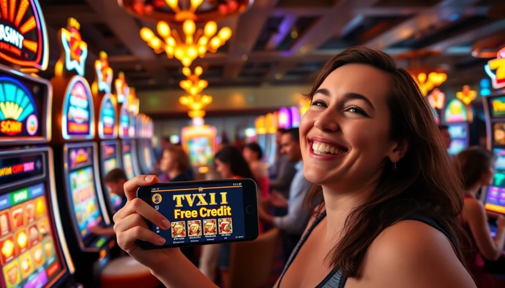 Celebrate a win on Free Credit Slot promotions at a vibrant casino with colorful machines.