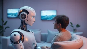 AI sex interaction between a humanoid robot and a human figure in a serene modern room.