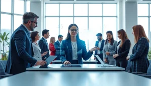 Showcasing human interface with AI through diverse professionals collaborating with futuristic technology.