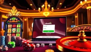Slot machine excitingly displaying the doaslot login interface amidst a vibrant casino backdrop.