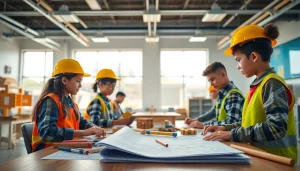 Students participating in construction education colorado in a modern classroom with hands-on tools.