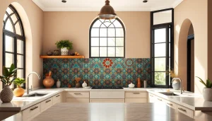 Carreaux zellige présentés dans une crédence de cuisine moderne, aux couleurs vives et aux motifs géométriques.