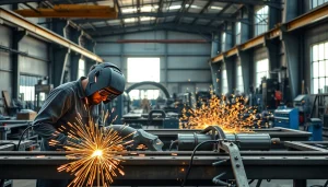 View of expert steel fabricators near me working in a modern metal workshop.