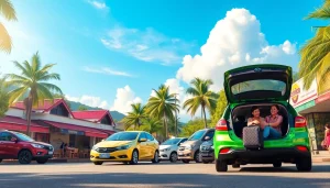 Kuching rent car options displayed on a vibrant street with tropical greenery and happy travelers.