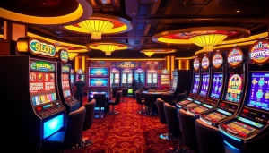 Players enjoying Slot Gacor machines in a luxurious casino setting with vibrant colors.