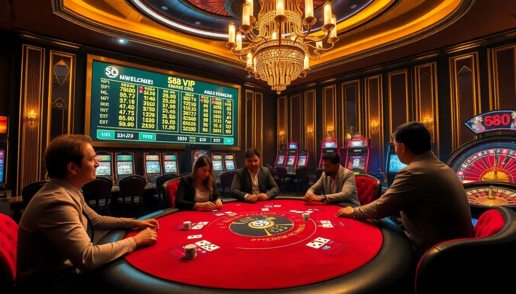 Experience the excitement of the S88 VIP casino scene with high-stakes poker games, slot machines, and vibrant ambiance.