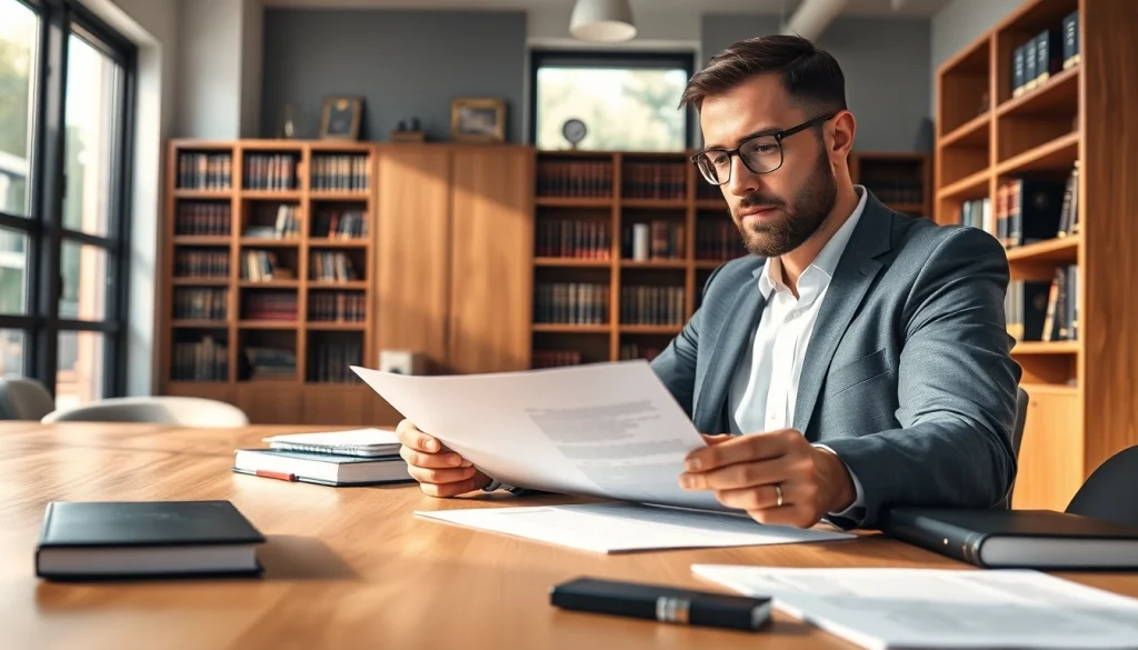 Engaging intellectual property lawyer analyzing legal documents in a modern office.