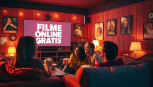Experience filme online gratis with friends in a cozy movie night setting, complete with popcorn and laughter.