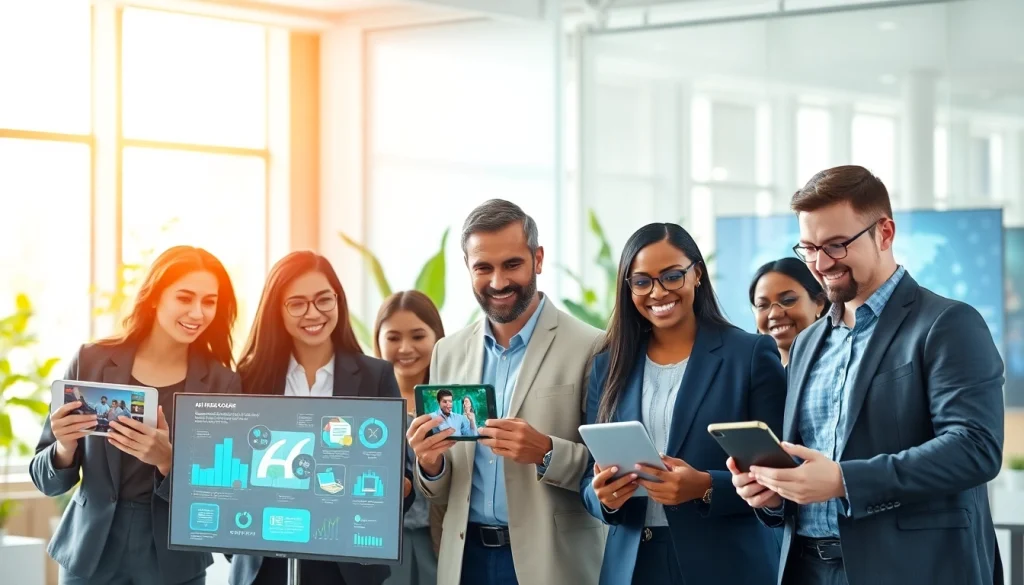 Engage with innovative ai apps in a collaborative office, showcasing enthusiasm and creativity.