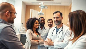 A bright and modern hair transplant UK consultation showcasing patients with a professional surgeon.