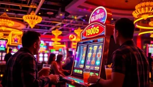 ผู้คนกำลังเล่น 918kiss slot ที่คาสิโนที่มีสีสันสดใสและบรรยากาศน่าตื่นเต้น