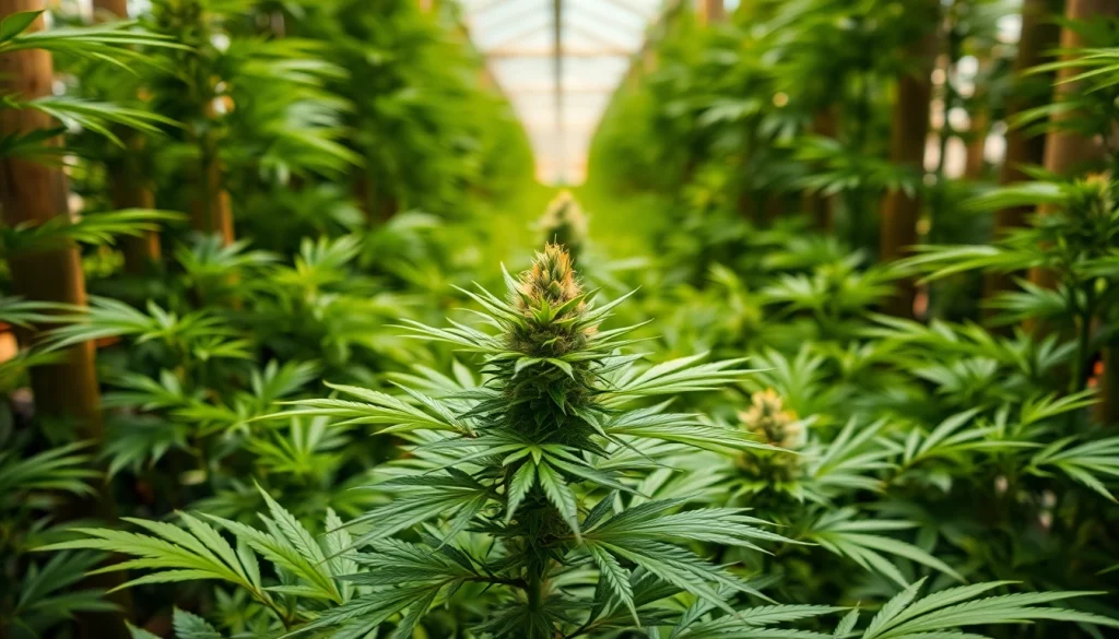 Illustration of canabis legal espagne in a vibrant greenhouse highlighting cannabis plants.