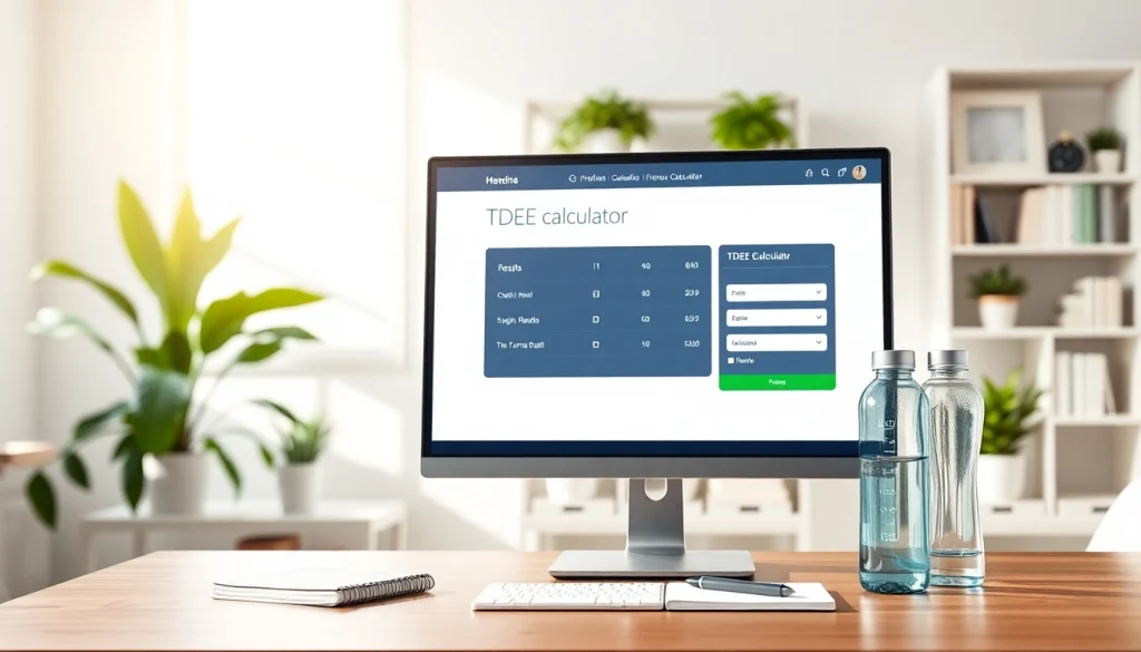 User interacting with a TDEE calculator on a sleek digital interface in a bright home office.