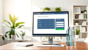 User interacting with a TDEE calculator on a sleek digital interface in a bright home office.