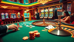 Experience net win excitement with players at a vibrant casino table and spinning roulette wheel.