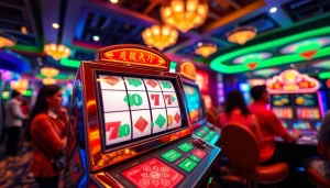 Mesin mahjong slot yang menghibur dengan latar belakang kasino yang cerah dan penuh warna.