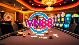 Experience thrilling gameplay with vn88 in a luxurious casino environment featuring poker and roulette.