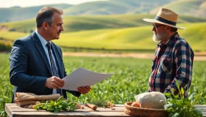 Agriculture lawyer advising a farmer in a field, showcasing a professional legal consultation.