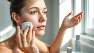 Hudvårdsrutin för fet hy eller oljig hy, där en ung vuxen applicerar gelkräm.