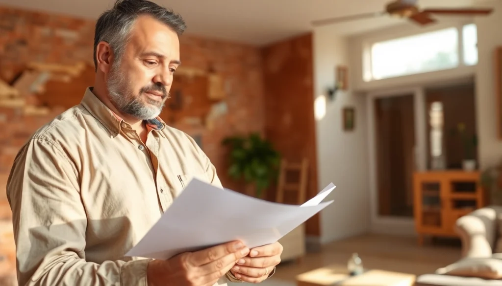 Adjuster evaluating Property Insurance Claims in a damaged home environment.