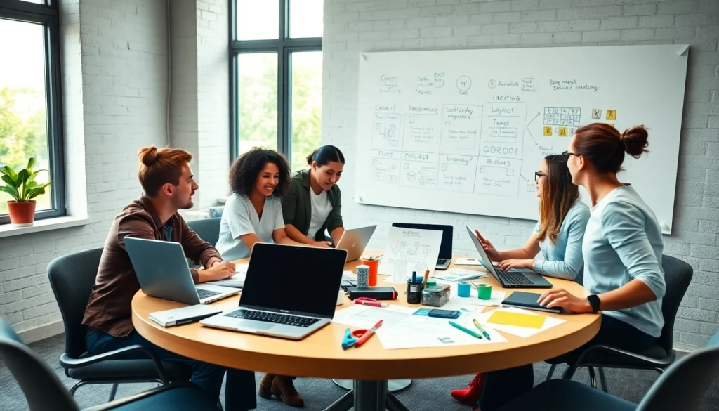 Showcase of a social media agency team brainstorming in a bright, modern workspace.