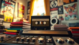 Showcasing an audio cassette resting on a vintage cassette player amidst a collection of colorful tapes.