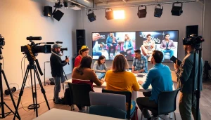 Team creating corporate video production in a vibrant studio with cameras and equipment.