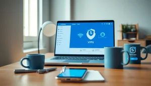 快连官网 displayed on a laptop screen in a modern workspace highlighting seamless connectivity.