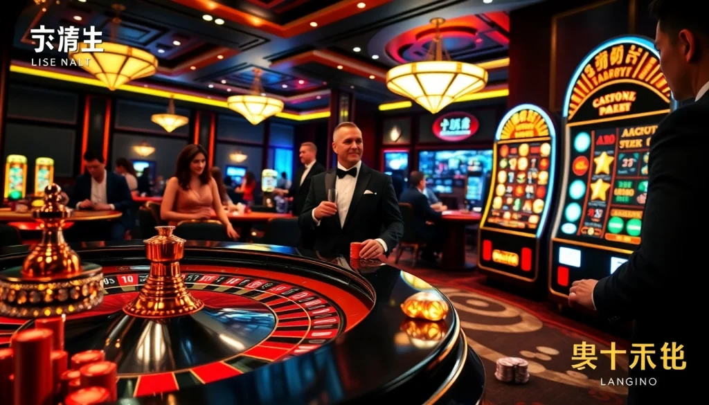 Experience the excitement of gambling at 여기여 with an elegant casino scene showcasing roulette, cards, and vibrant players.